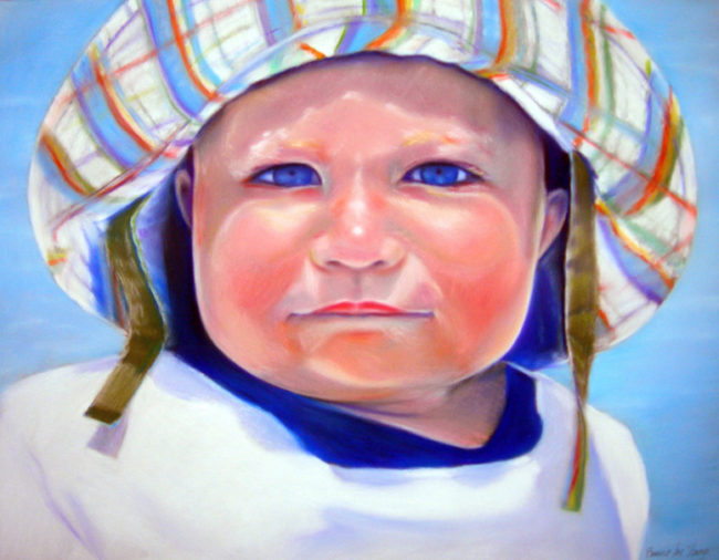 A heartwarming pastel portrait of baby Alexander, capturing his intense gaze, rosy cheeks, and the warmth of his first summer