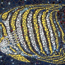 Angel Fish Mosaic, Ceramic Tile, 24" x 48", hand made by Artist Bonnie Lee Turner features the beauty and splendor of a brightly colored Angel Fish