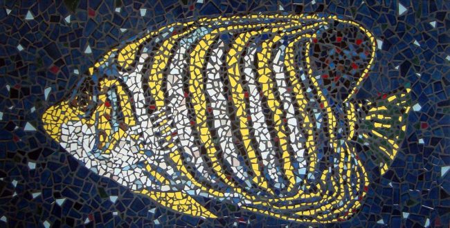 Angel Fish Mosaic, Ceramic Tile, 24" x 48", hand made by Artist Bonnie Lee Turner features the beauty and splendor of a brightly colored Angel Fish