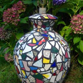 Hand Crafted Decorative Mosaic Lamp by Fine Artist Bonnie Lee Turner was made with various colored hand cut Ceramic Tile arranged like a design by Mondrian