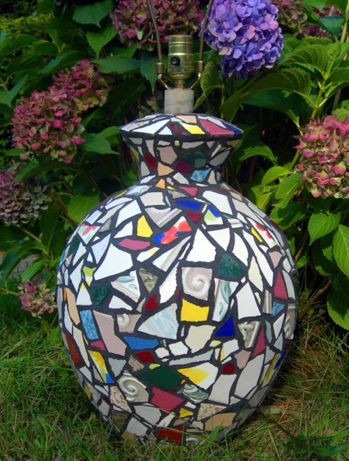 Hand Crafted Decorative Mosaic Lamp by Fine Artist Bonnie Lee Turner was made with various colored hand cut Ceramic Tile arranged like a design by Mondrian