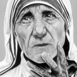 Mother Teresa Portrait, 22″ x 28″, Charcoal and Pastel on Paper, 1990, by Artist Bonnie Lee Turner