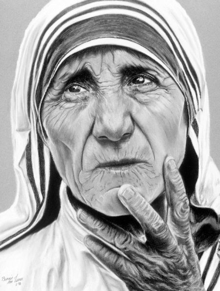 Mother Teresa Portrait, 22″ x 28″, Charcoal and Pastel on Paper, 1990, by Artist Bonnie Lee Turner