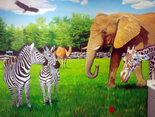 Zoo Mural painted in a Treatment Room at the Pediatric Heart Center in Providence, RI by Artists Bonnie Lee Turner and Charles C. Clear III