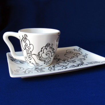 Contemporary Tea Cup and Saucer, 9" x 6", Automatique Drawing over Porcelain, 2016, by Artist Bonnie Lee Turner