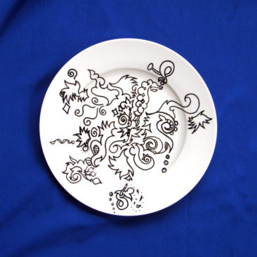 One Hot Dish, Automatique Drawing over Porcelain, 10" Dinnerware, 2016, by Bonnie Lee Turner