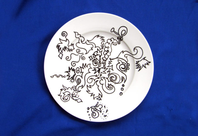 One Hot Dish, Automatique Drawing over Porcelain, 10" Dinnerware, 2016, by Bonnie Lee Turner