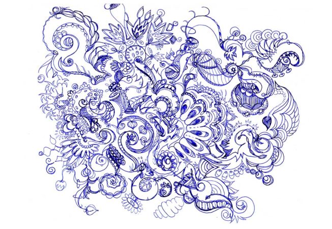 Symphony, Ink on Archival Paper, 9” x 12”, 2015, Automatique Drawing, by Artist Bonnie Lee Turner