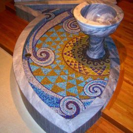 Living Water Church Mosaic, 12′ x 6′, 2007, Altar of St. Agatha’s Church, Woonsocket, RI, by Artist Bonnie Lee Turner