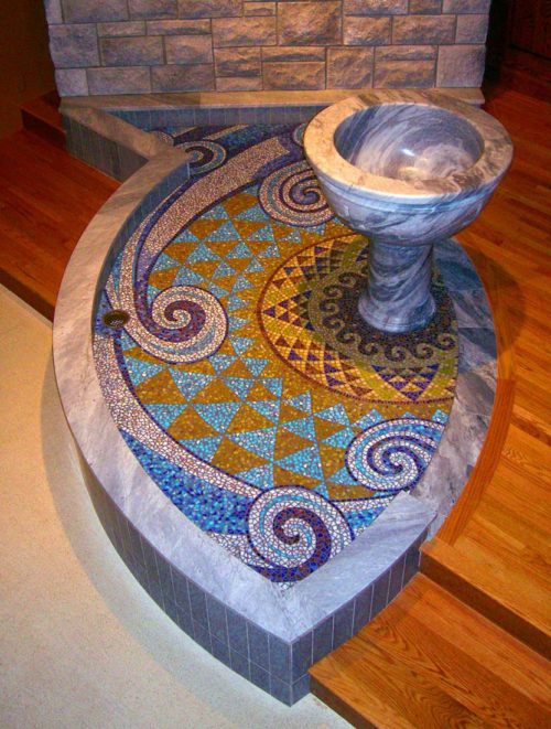 Living Water Church Mosaic, 12′ x 6′, 2007, Altar of St. Agatha’s Church, Woonsocket, RI, by Artist Bonnie Lee Turner