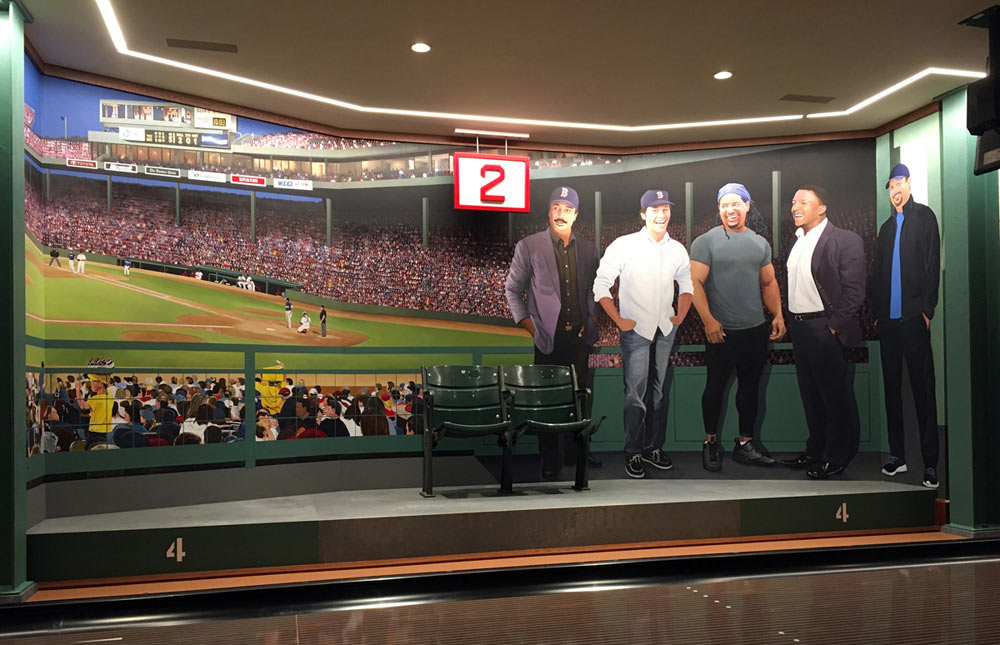 The Center of the Red Sox Mural features Life Size Portraits of Jim Rice, Carlton Fisk, Manny Ramirez, Pedro Martinez, and Tim Wakefield