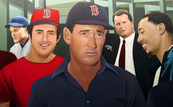 Hand Painted Portraits of Red Sox legends Ted Williams, Fred Lynn, Mookie Betts, and others are in the Fenway park Red Sox Mural