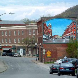 Historical Mural in Bellows Falls Vermont by Artists Bonnie Lee Turner and Charles C. Clear III of The Art Of Life