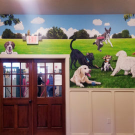 Happy Dogs Wall Mural was Painted at Shultz's Guest House, a Dog Rescue Shelter in Dedham, Massachusetts, by The Art Of Life in 2019